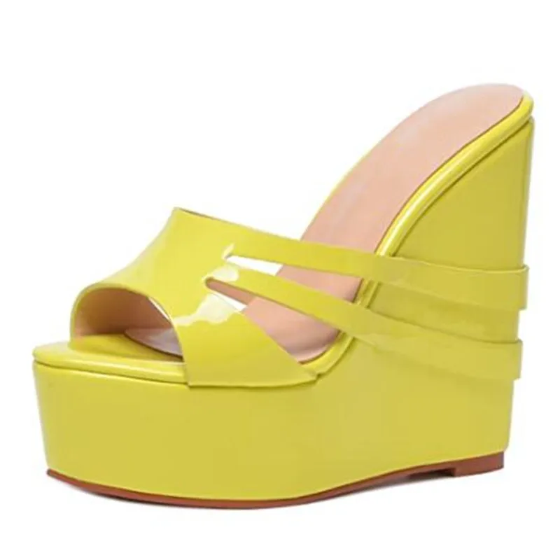 

SHOFOO shoes Fashion lady slippers Patent leather Heel height about 14.5cm Women's sandals Wedge heel Yellow Outdoor slippers