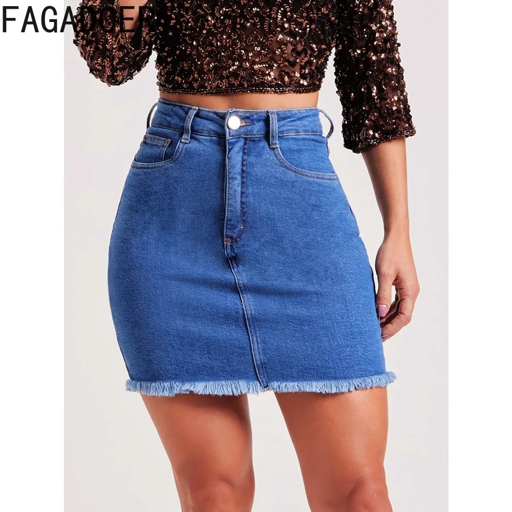 FAGADOER Spring New Denim Skinny Skirts Women High Waisted Button Fur Edge Mini Skirts Casual Female Solid Cowboy Bottoms 2024