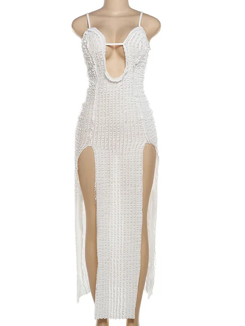 Beyprern Elegant Textured Cut Out Slit Cami Maxi Dress
