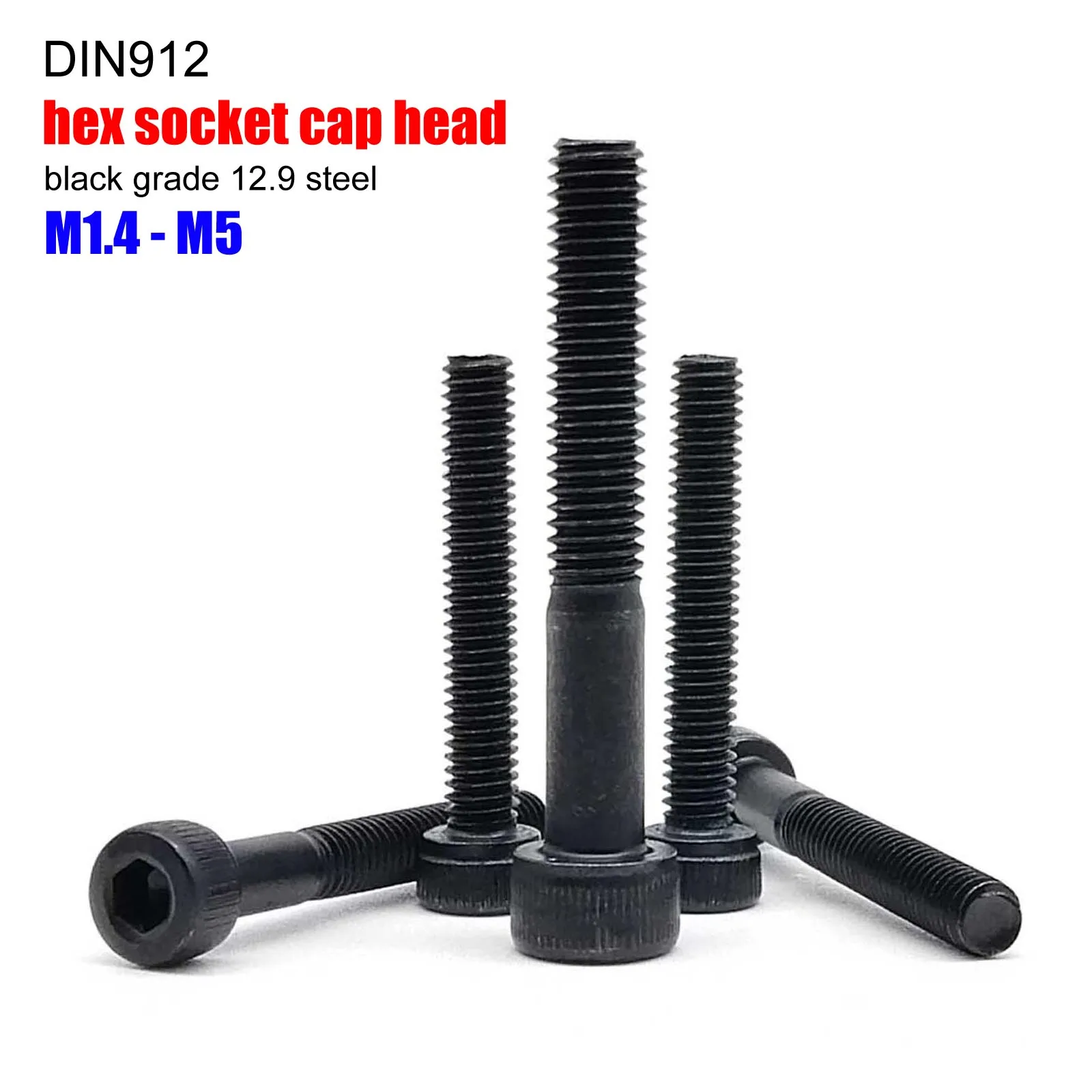 Allen Hexagon Bolt Screw M1.4 M1.6 M2 M2.5 M3 M3.5 M4 M5 10 50pcs Black Grade 12.9 Steel DIN912