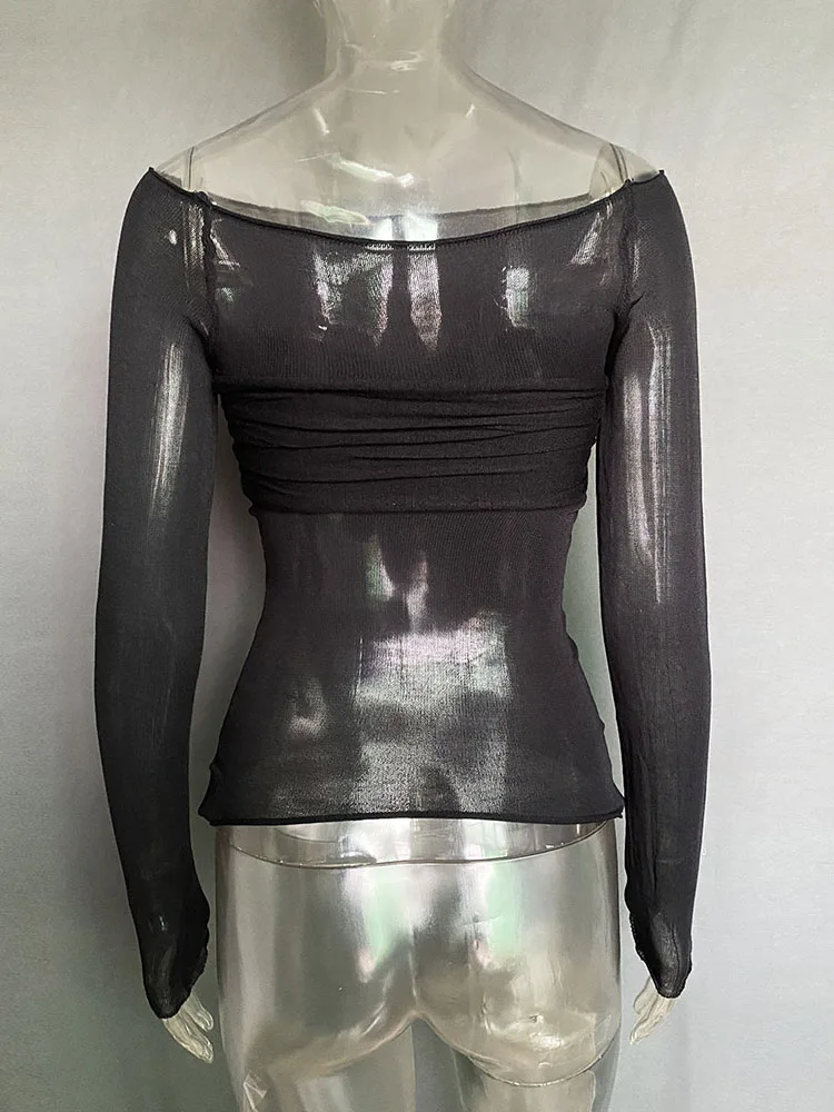 Sexy Long Sleeve Shoulder Gauze T-shirts Women Slim Solid Versatile T-Shirt 2025 Spring Female Fashion Off Shouler Tops