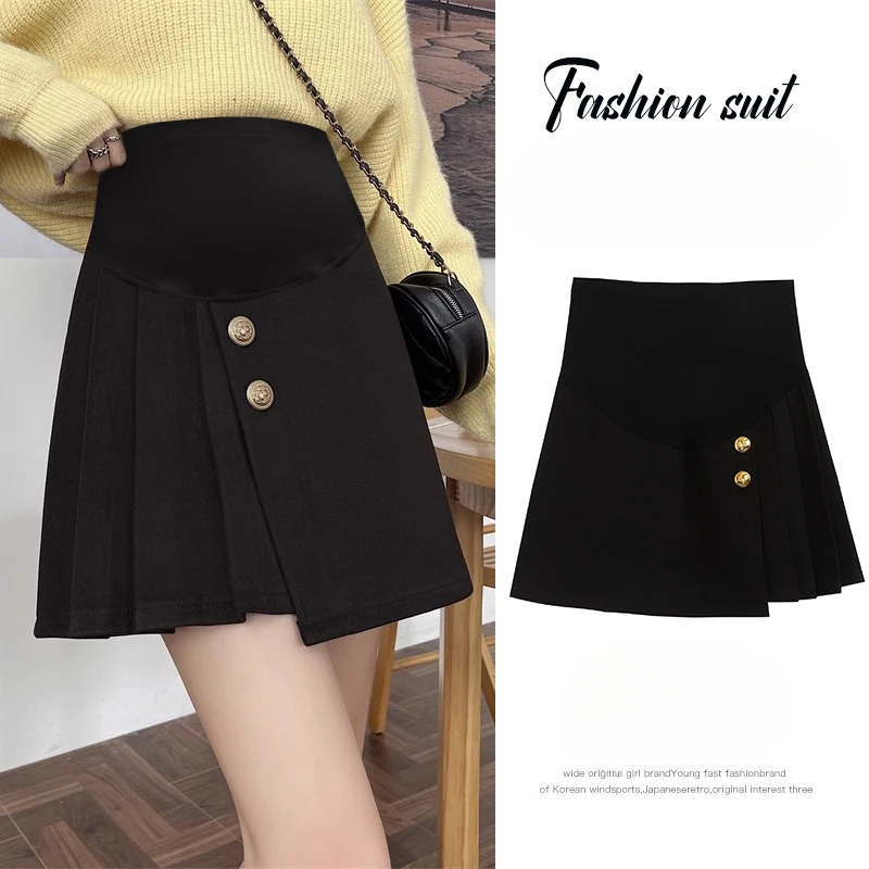 Good Quality Pregnant Woman Winter Woolen Skirt Irregular Side Pleated A-line Skirts Black Maternity Belly Skirt with Buttons