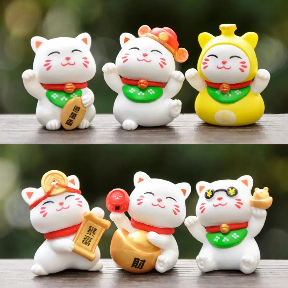 3/6/7Pcs Maneki Giapponese Neko Lucky Fortune Cat Figurine Cartoon Pig Hedgehog Figurine Micro Landscape Desktop Decoration