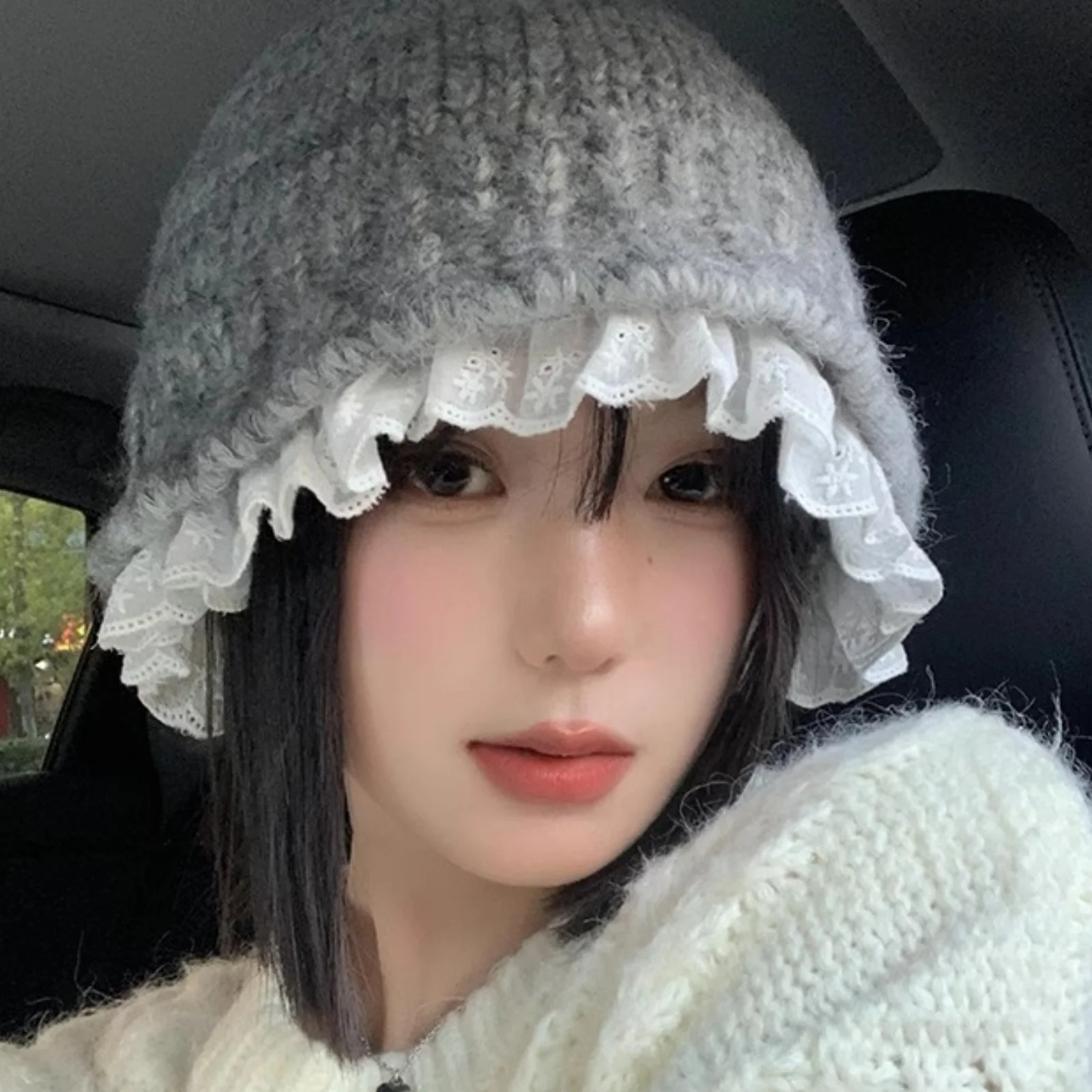 1PC Knitted Fisherman Hats, Lace Trim Korean Lazy Style Winter Warm Bucket Hats, Face - Slimming Versatile Woolen Caps For Women