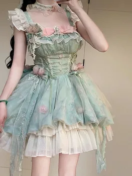 Korean Chic Green Birthday Party Dress Women Summer New Sweet Waist Slim Short Dresses Japanese Flower Fairy Lolita Outfits 2025 1