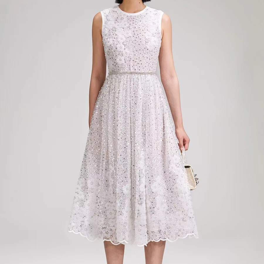 

Женское длинное платье с бусинами и жемчужинами, белое платье миди без рукавов с высокой талией, новинка 2023