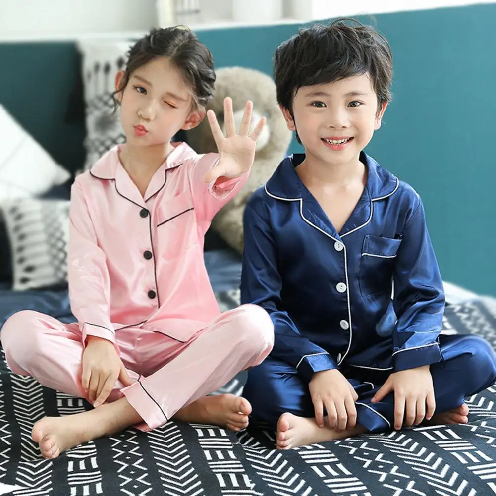 2pcs Infant Baby Boy Girl Pajamas Silk Satin Top Pant Long sleeve Solid Button-Down Pyjamas Satin Set Nightgown Child Sleepwear