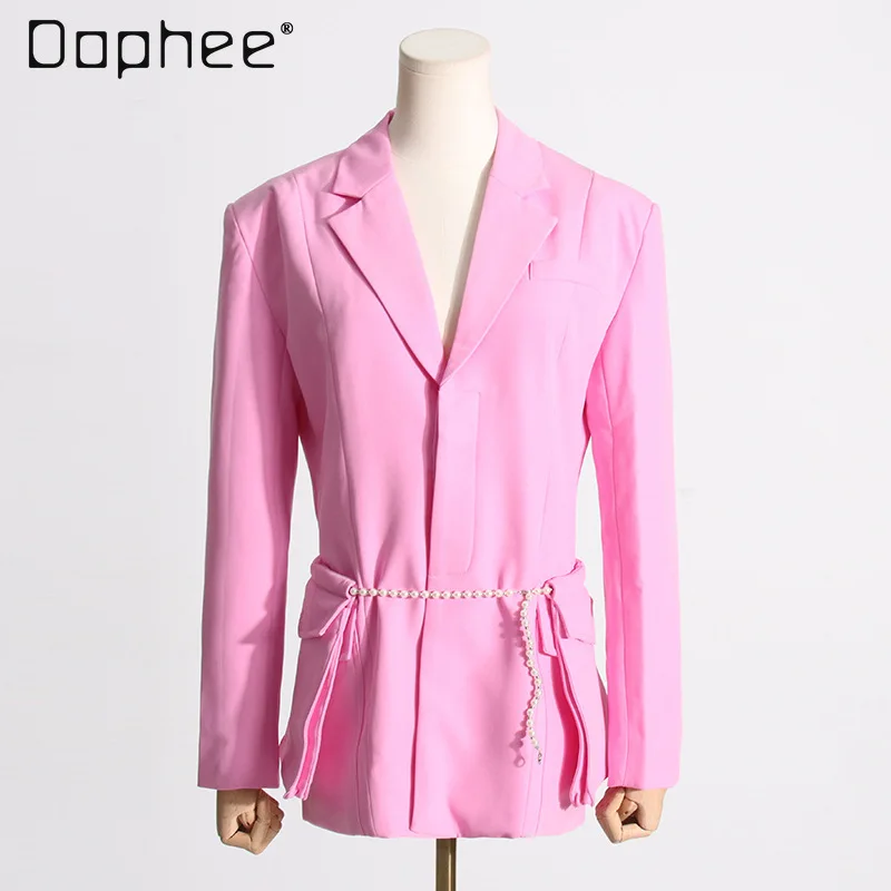 Женский пиджак на шнуровке, элегантный розовый блейзер с жемчужинами, новинка весны 2024, офисный женский свободный пиджак с длинным рукавом и цепочкой на талии