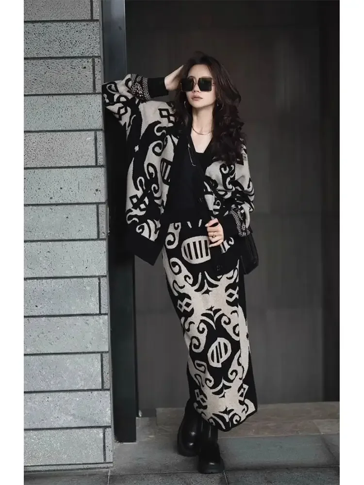 한국 스타일 세트 투피스 니트 A라인 스커트, 슬림해 보이는 루즈핏 코트, 가디건, 고급스러운 프린팅, 가을