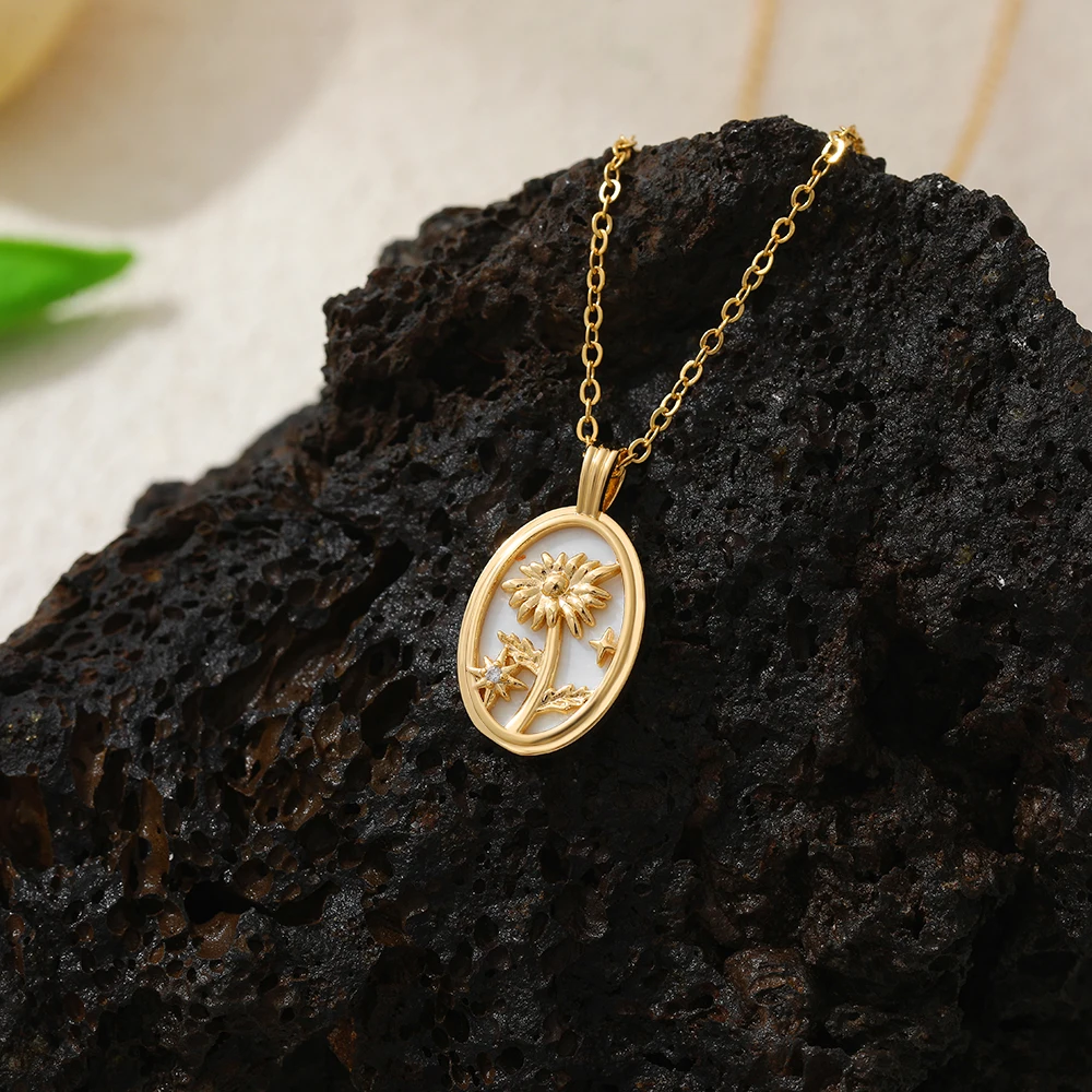New 12 Month Birth Flower Pendant Neckalce Stainless Steel Oval White Opal Multicolored Zircon Gold Color Choker Birthday Gifts