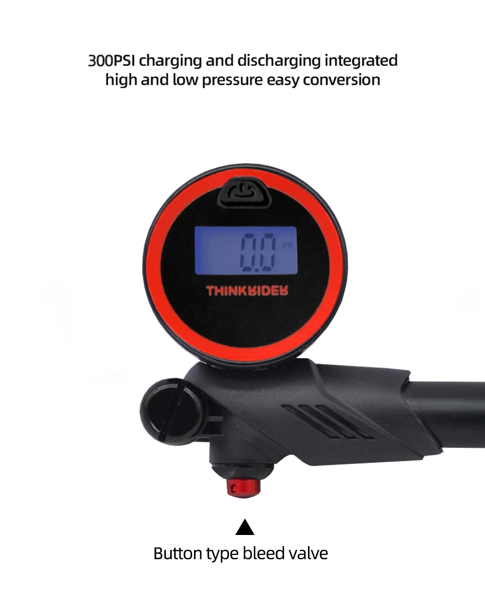 ThinkRider Portable High-pressure 300psi Bike Air Pump with Digital Gauge & Rear Suspension Shock Absorber Mountain Bicycle