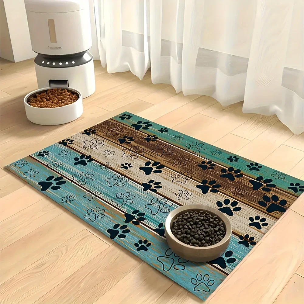 Wood Grain Paw Print Rubber Dog Feeding Mat - A Quick Drying, Absorbent, and Easy To Clean Bowl Mat Suitable for Dogs and Cats