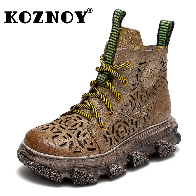 

Koznoy New In Women's Boots 6cm Authentic Genuine Leather Summer Hollow Platform Wedge Ankle ZIP Breathable Luxury Ladies Shoes
