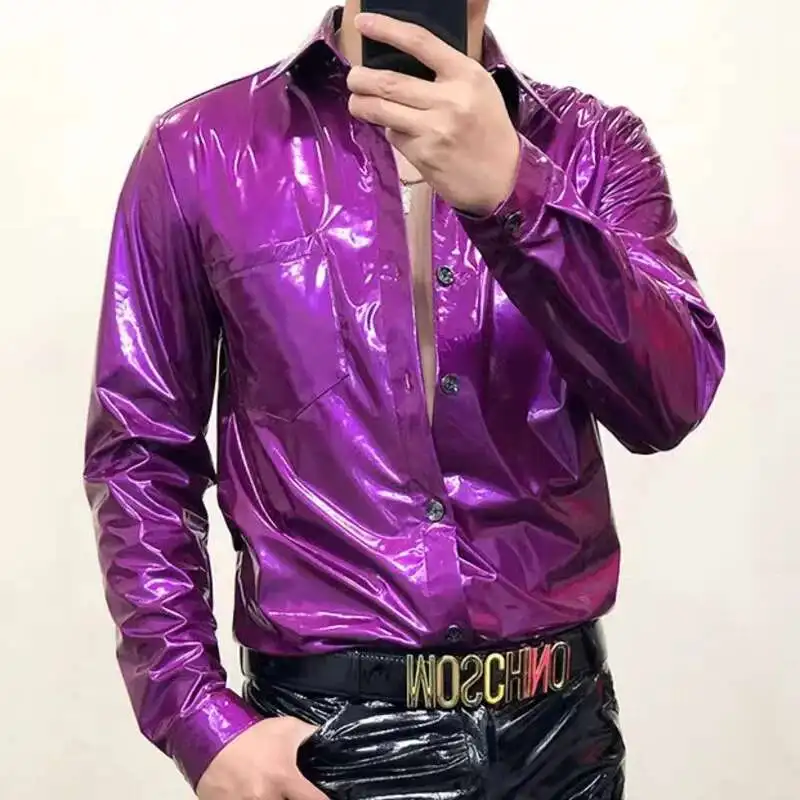 15 Colors Mirror Reflective ShinnyLeather Shirt Men's Slim Fit Shirt Night Club Performance Dress PU Leather Strechy