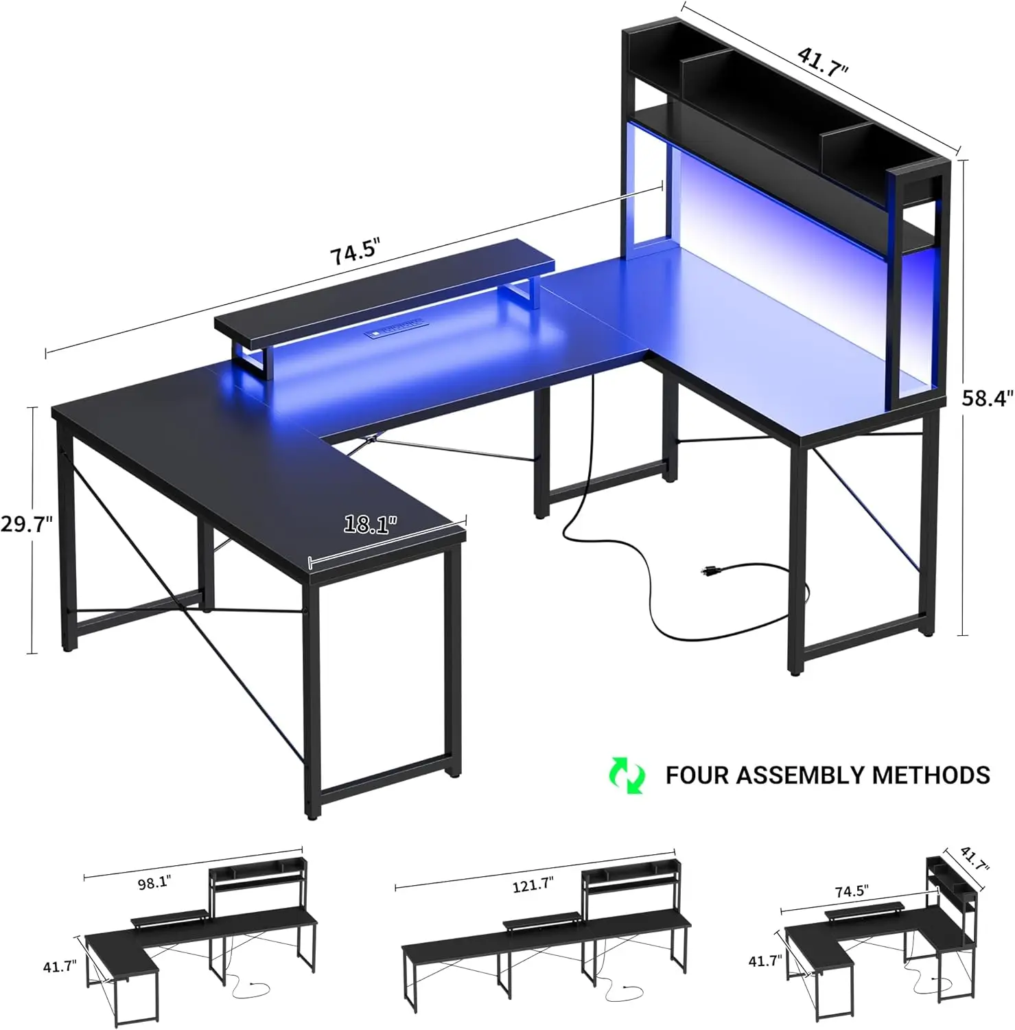 U Shaped Desk with Hutch, Reversible L Shaped Computer Desk with Power Outlets and LED Strip 3