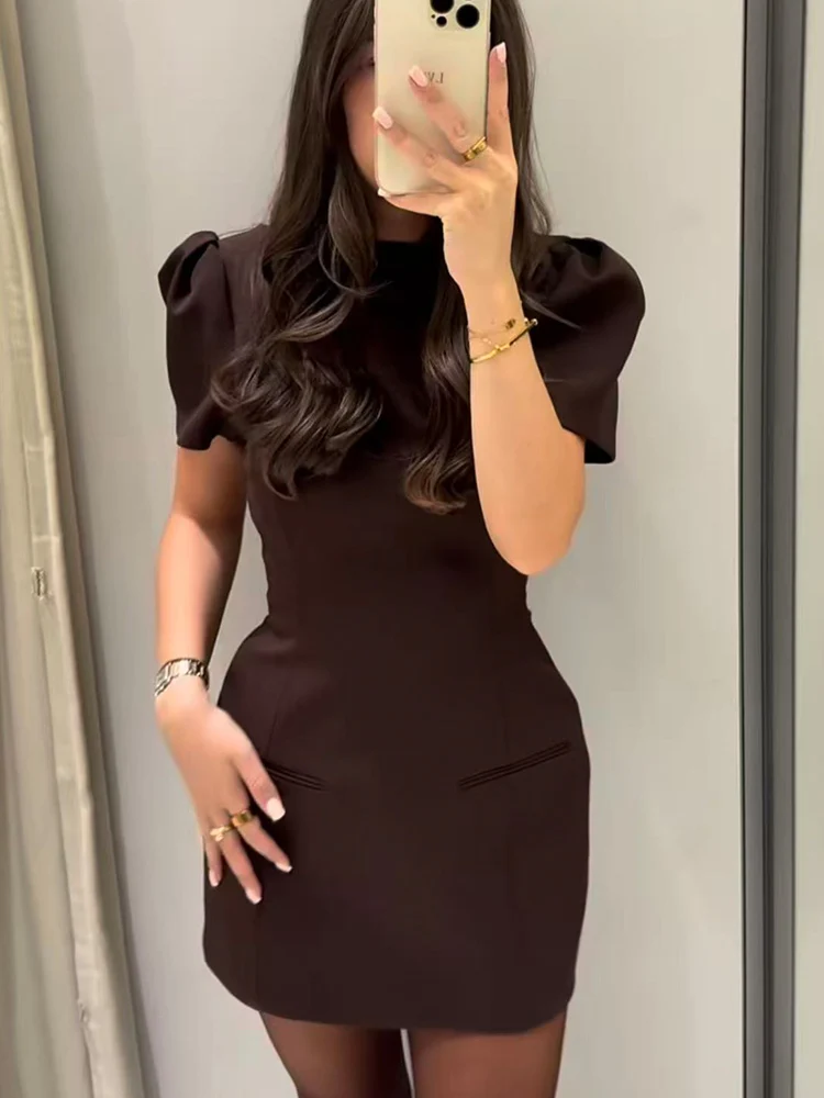 New Women's Short Sleeve Dress Elegant Solid Round Collar Simple Commuting Outfit Fashion Female Puff Sleeve Short Dresses