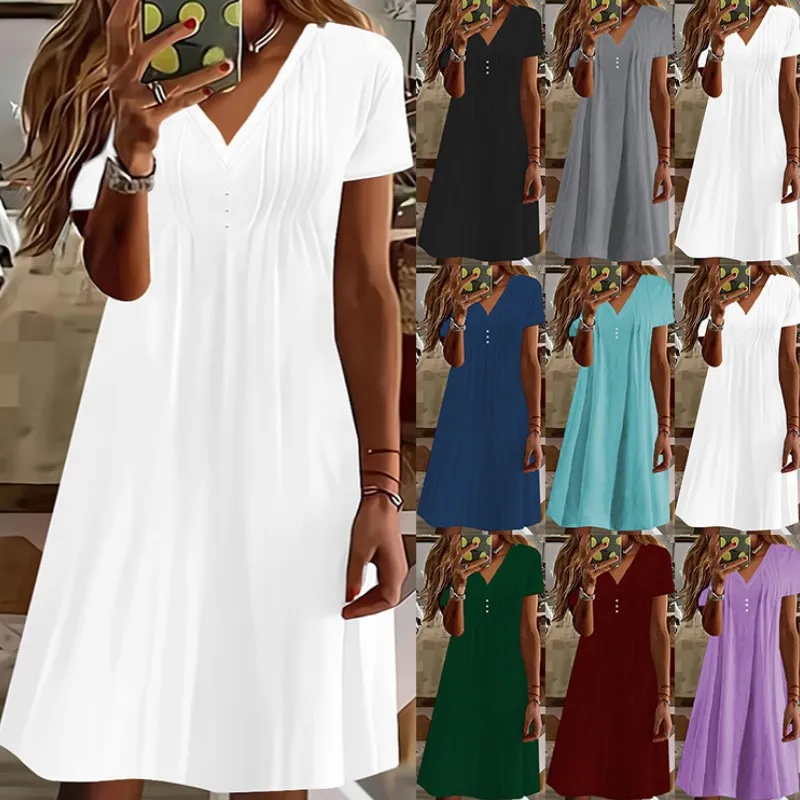 

2023 Summer New Women's Fashion Sexy V-Neck Pullover Casual Button Short Sleeve A-Line Dress Plus Size Loose Solid Pleated Dress
