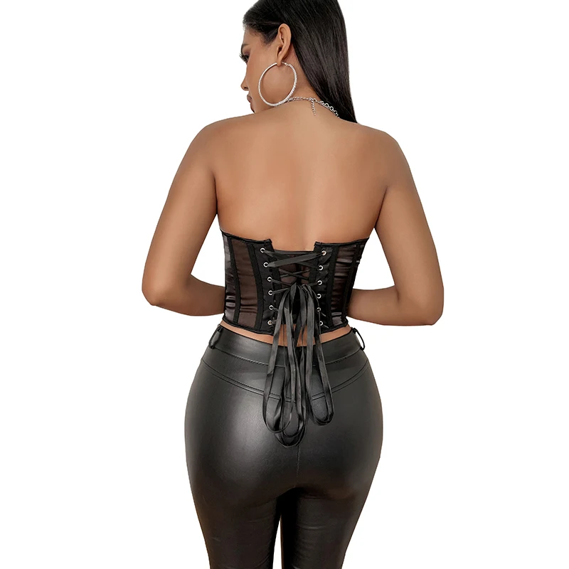 Corset Bustier Top Plus Size Women 13-piece Fishing Boned Lace-up Mesh Crop Top G-String