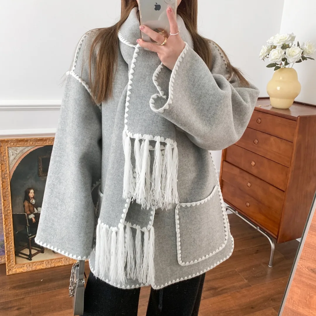 Sed7ecbf69aa142f0903ba871b57123afL Women Fringe Scarf Collar Coat Double-sided Woollen Single Breasted Autumn Winter, Loose Embroidery Trim Female Casual Jacket Mallzona
