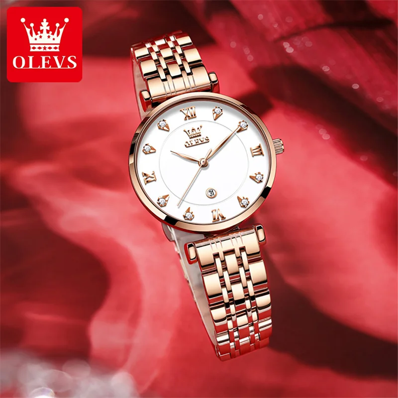 OLEVS Luxury Diamond Quartz Watch for Women Rose Gold Stainless Steel Strap Waterproof Fashion Women's Watches Relogio Feminino