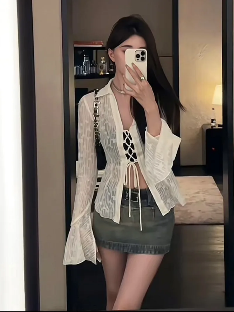 여성 용수철 플레어 소매 쉬폰 셔츠, 레이스업 재킷, 섹시 슬림핏 가디건, 청순 섹시 패션, 여성 의류