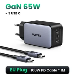 UGREEN 65W GaN 4-Port USB-C Fast Charger with Quick Charge 3.0 PD 3.0 - EU 3 Ports Cable Set