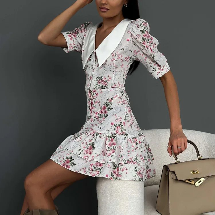 Printed Ruffled V-Neck Mini Dress Female Short Sleeve Fashion Slim High Waist Elegant Party Dress Women's Summer Dress New