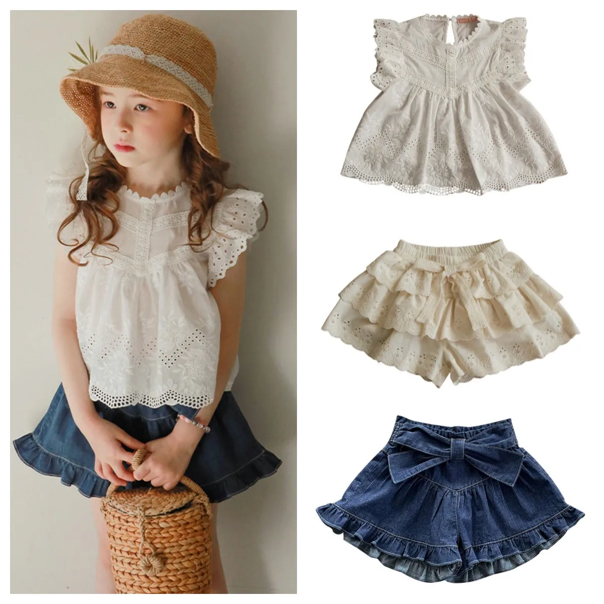 

Kids Girls Clothes Summer Toddler Baby Girls Lace Shirts and Lace Shorts Denim Shorts Princess Children's Set