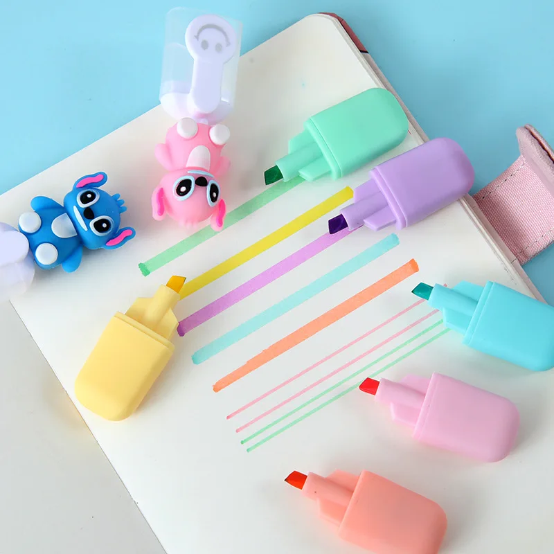Highlighter Marker 6pcs Anime Stitch Bagged Mini Lilo & Stitch Cartoon Diy Handbook Pen Student Stationery Gift