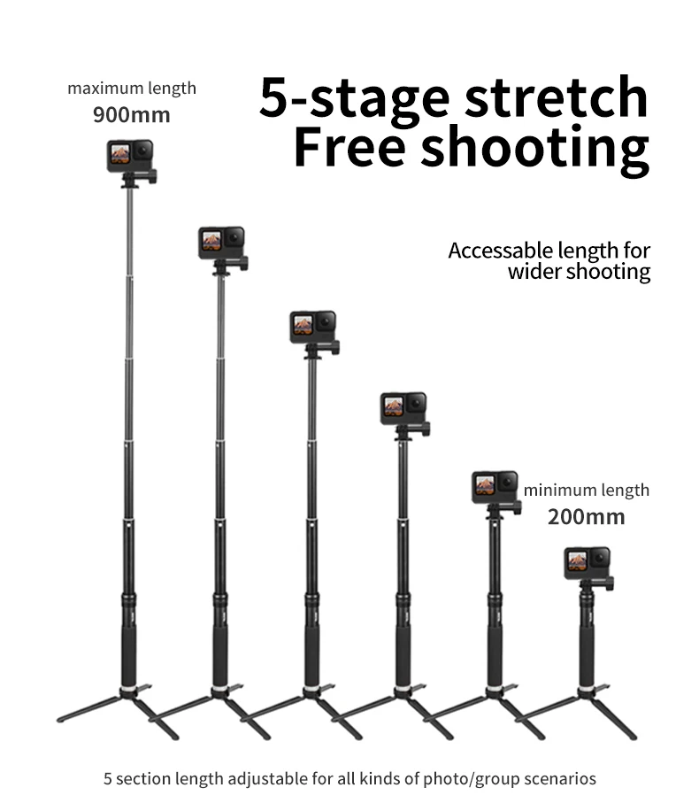 For GoPro Selfie Stick 360° Rotation Foldable Tripod Phone Holder Aluminum Alloy