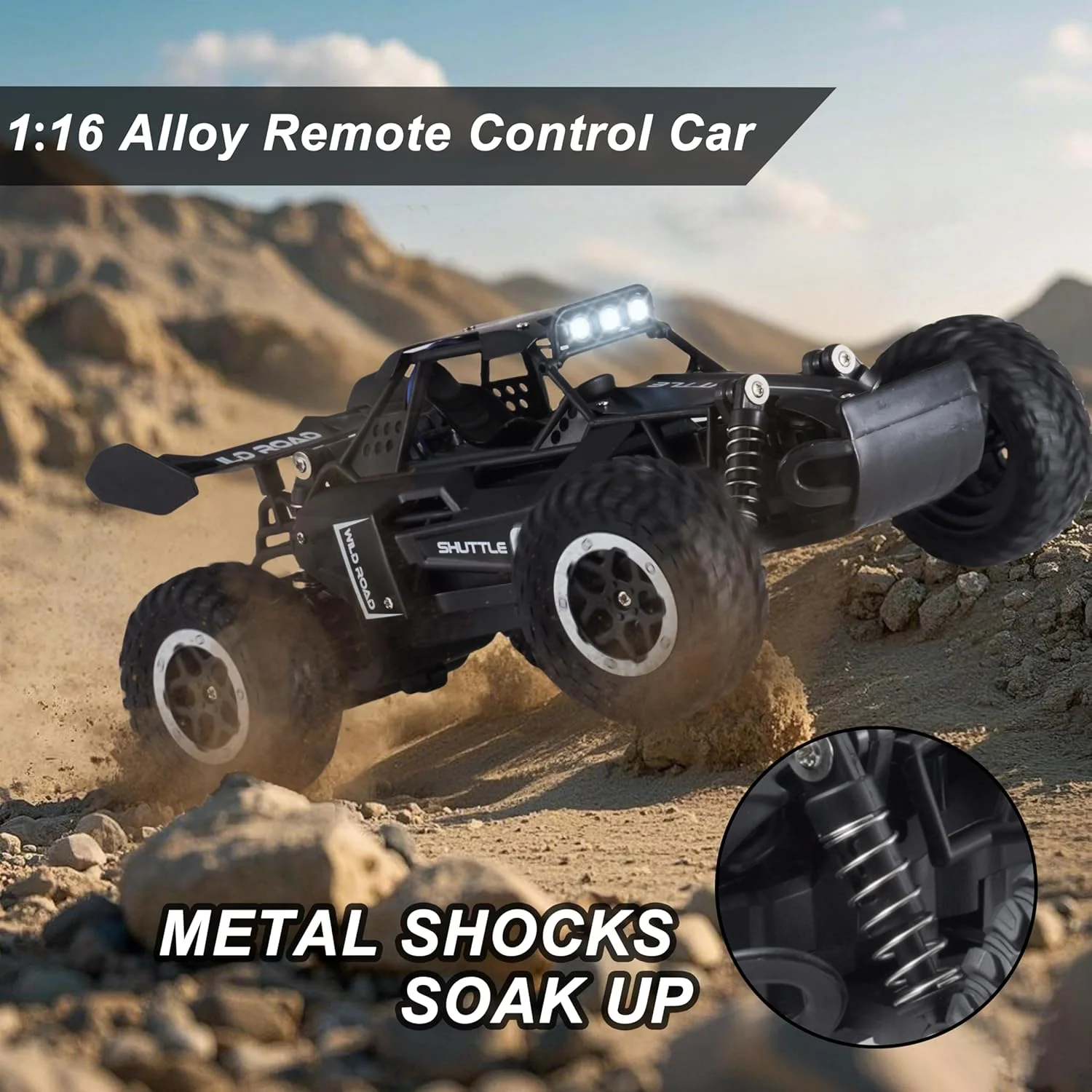 1:16 스케일 전동 RC카 20KM/H 고속 2WD 오프로드 무선 조종 트럭 2.4GHz LED 라이트 장착 장난감 자동차 어린이 선물