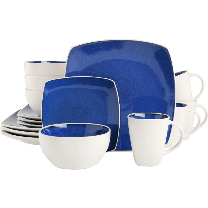 Square Reactive Glaze Stoneware Dinnerware Set, Service for 4 (16pc), Dishwasher and Microwave Safe, Red/White 6