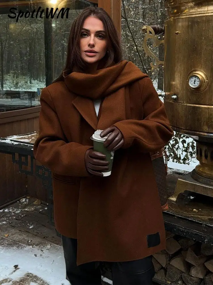 

Elegant Woolen Trench Scarf Collar Coat Women Fashion Vintage Windbreakers Jacket 2023 Winter Loose Single Breasted Outerwear