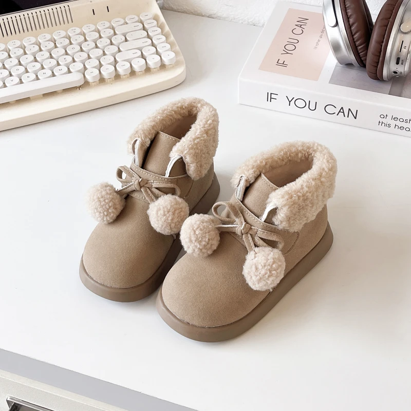 Cute Girls Cotton Boots Fashion Soft Hairball Winter Children's Ankle Boots Versatile Fashion Kids Causal Princess Snow Boots