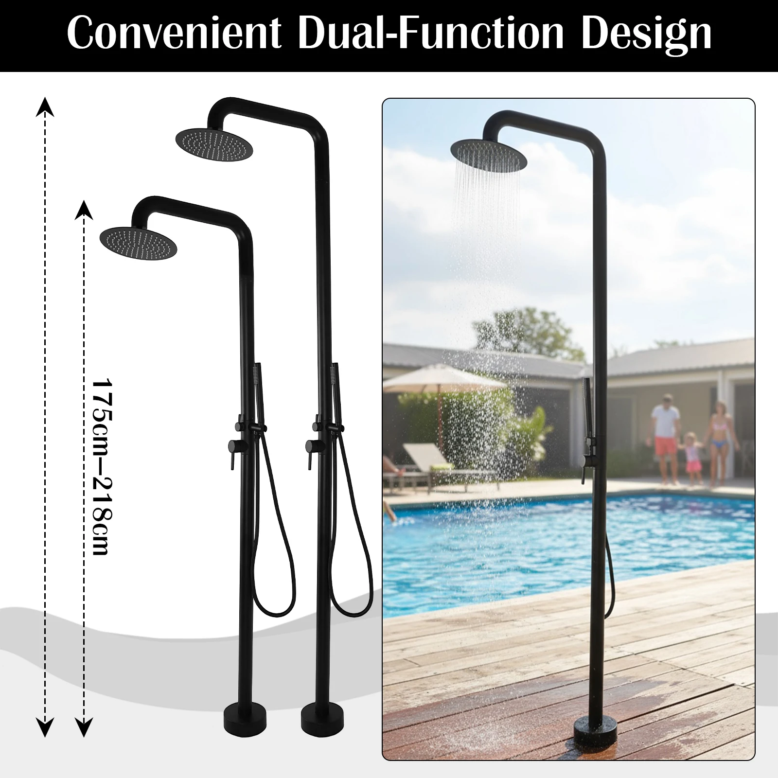 2-Function Height Adjustable Outside Showers Floor Mounted Matte Black Shower Kit with Showerhead for Yard Beach Poolside Garden