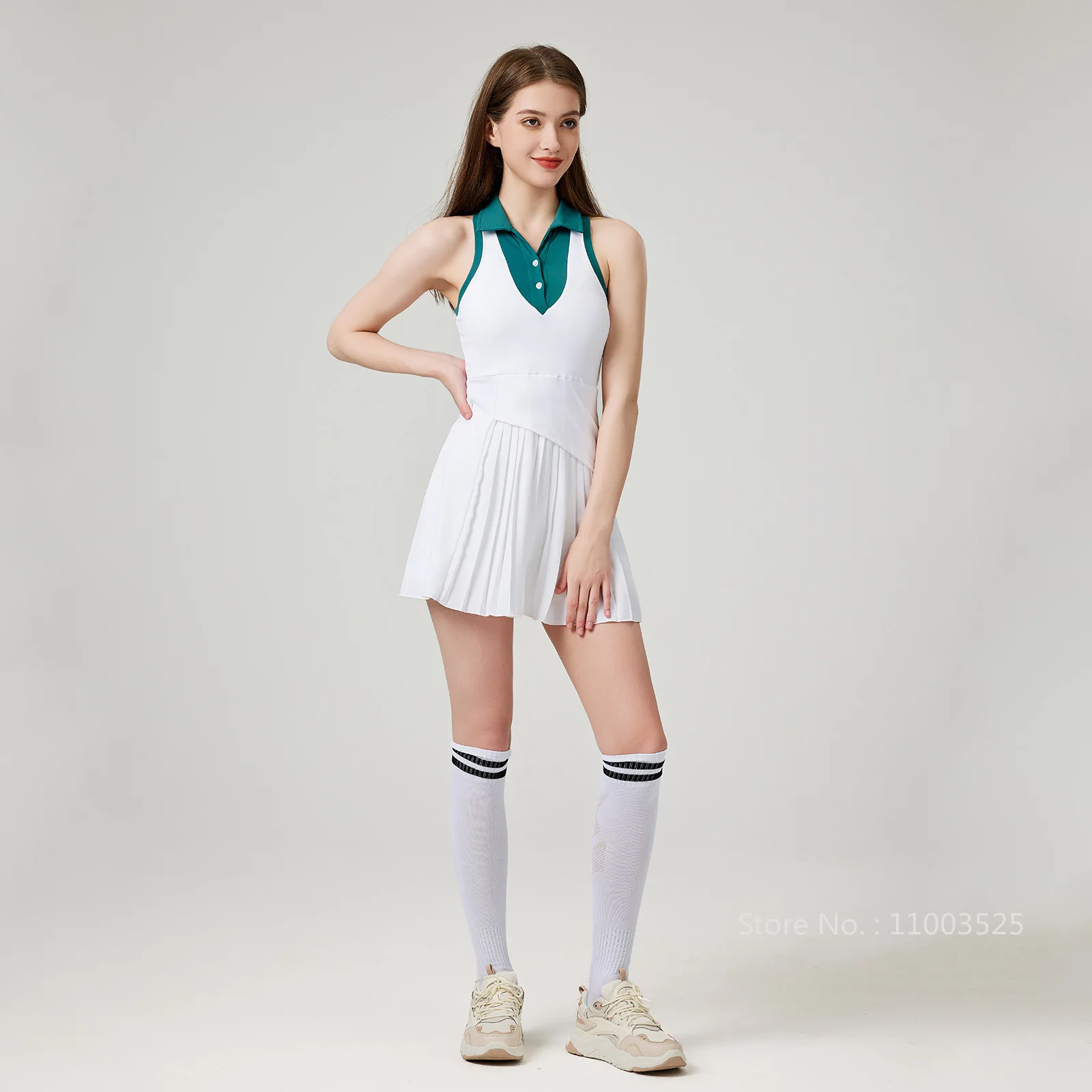 Women Polo Collar One-piece Tennis Dress Quick Drying Sports Leisure Fitness Dress Ladies Pleated Gym Golf Wear Tennis Skirt