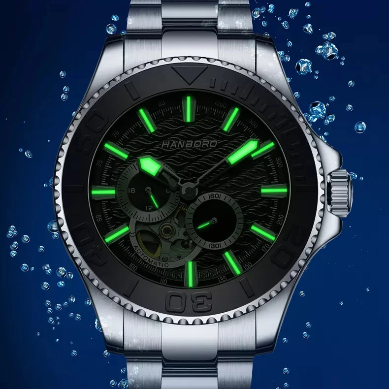HANBORO Men Luxury Watch 43mm Automatic Mechanical Wristwatch Sport Waterproof Luminous Skeleton Ceramic Bezel 82S7 24 Hours
