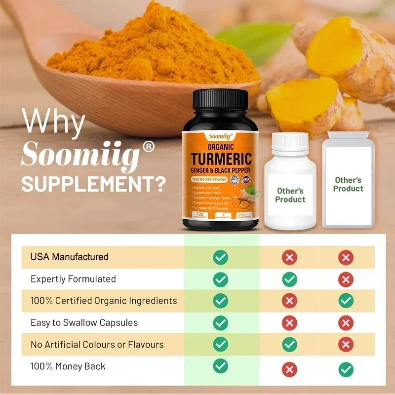 Organic Turmeric High Strength 1500 Mg | 120 Capsules with Black Pepper, Ginger and Active Curcumin Joints Heart Cognition