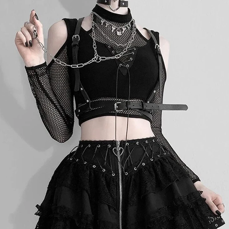 

Goth Dark Techwear Fishnet Open Shoulder Halter T-shirts Mall Gothic Grunge Black Bandage Crop Tops Women Punk Sexy Alt Clothing