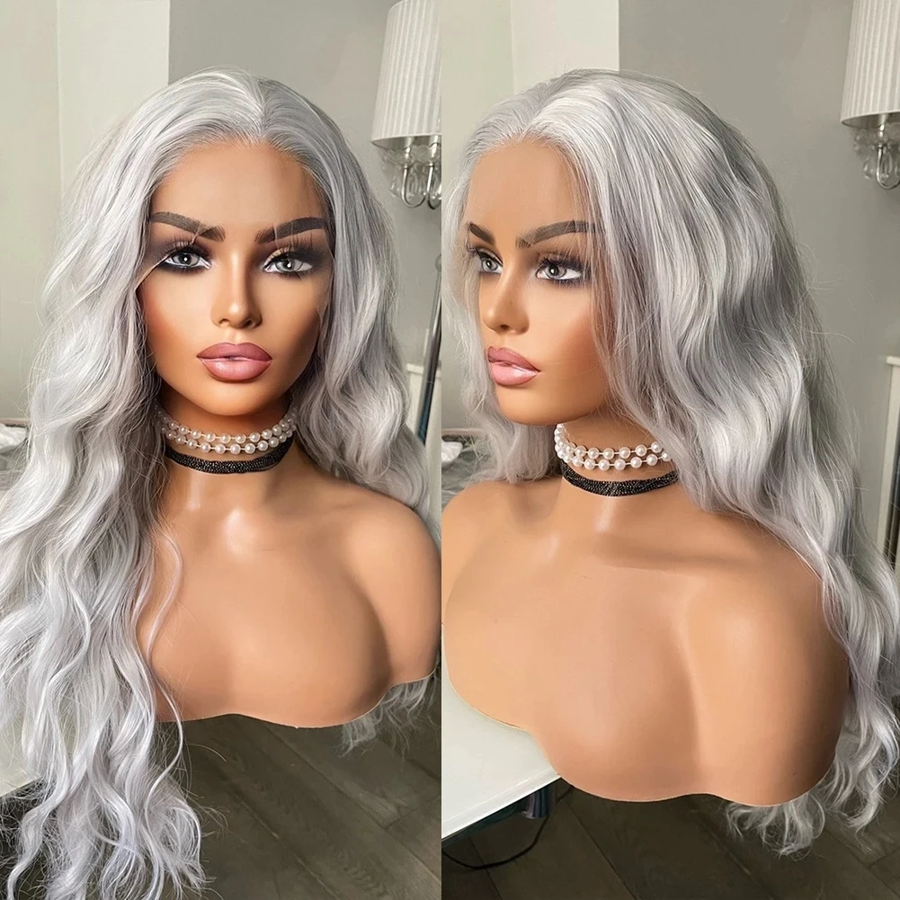 

Серебристые светлые свободные волнистые 13X4 синтетические волосы на шнуровке, передние парики для женщин, предварительно выщипанные, для косплея, искусственные волосы для детей, фронтальные парики