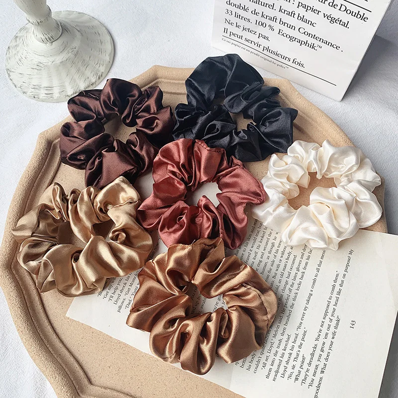 Vintage Satin Scrunchies Women Girls Silky Solid Elastic Hair Bands