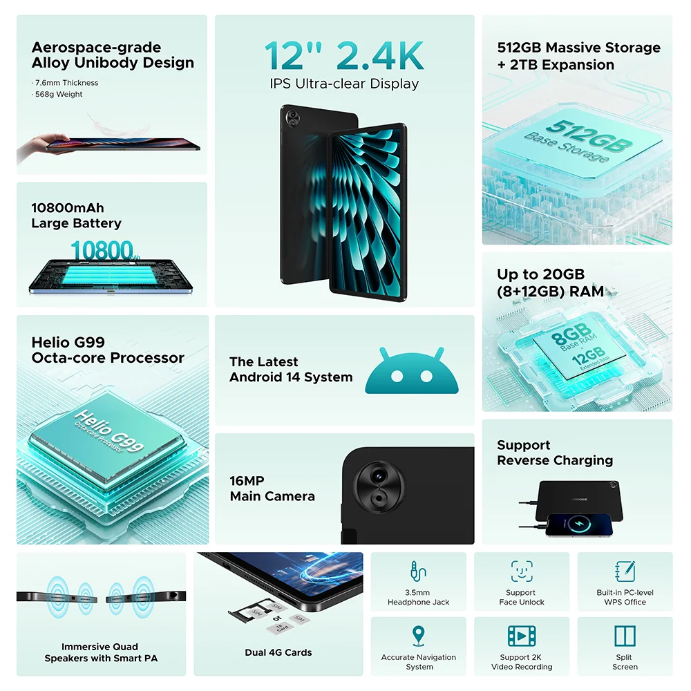 World Premiere DOOGEE T40 Pro Tablet 12" IPS 2.4K 20GB(8+12) 512GB Android 14 Helio G99 6nm 10800mAh 18W Charge 7.6mm ultra-thin 2