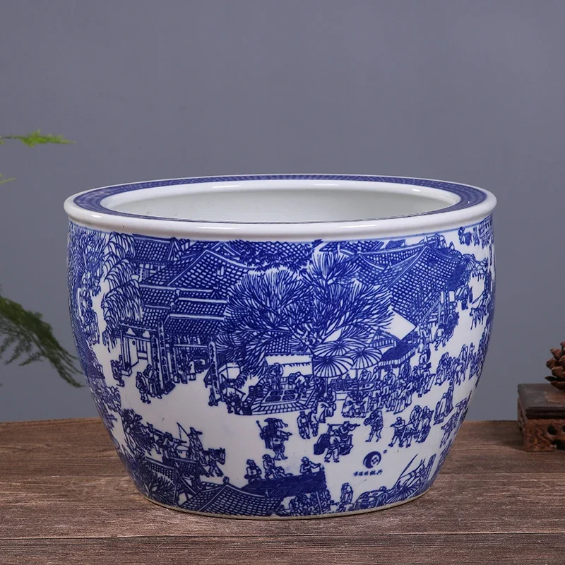 セラミックプランター,青と白の花のパターン,12インチ,屋外用の大きな