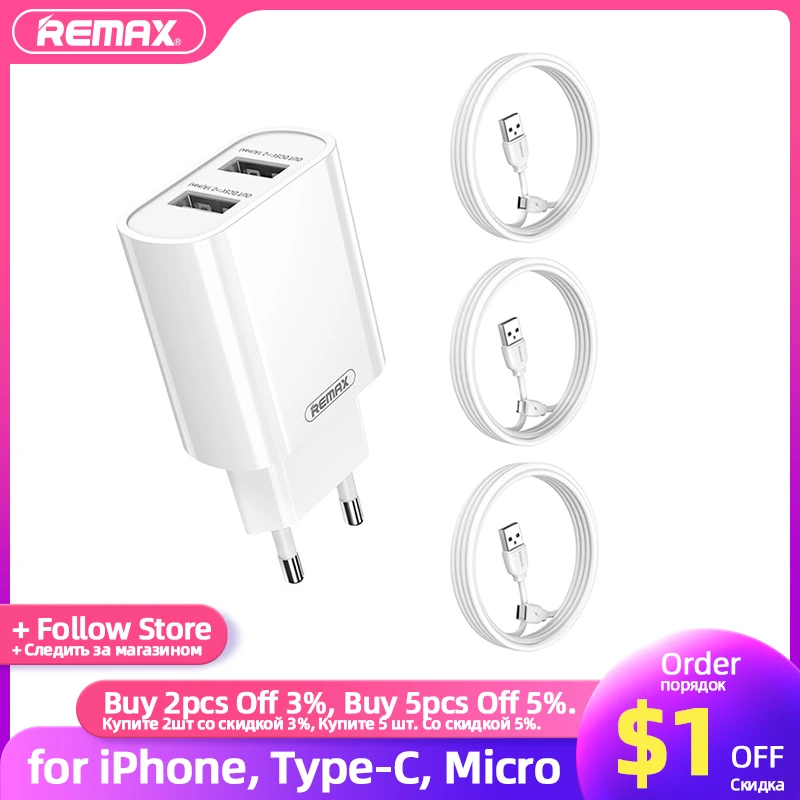 Remax USB Phone Charger 2 Ports Adapter Set 1M Lightning Cable for iPhone 11 12 13 Pro Samsung Xiaomi Micro Type-C Cord EU Plug 12 v usb