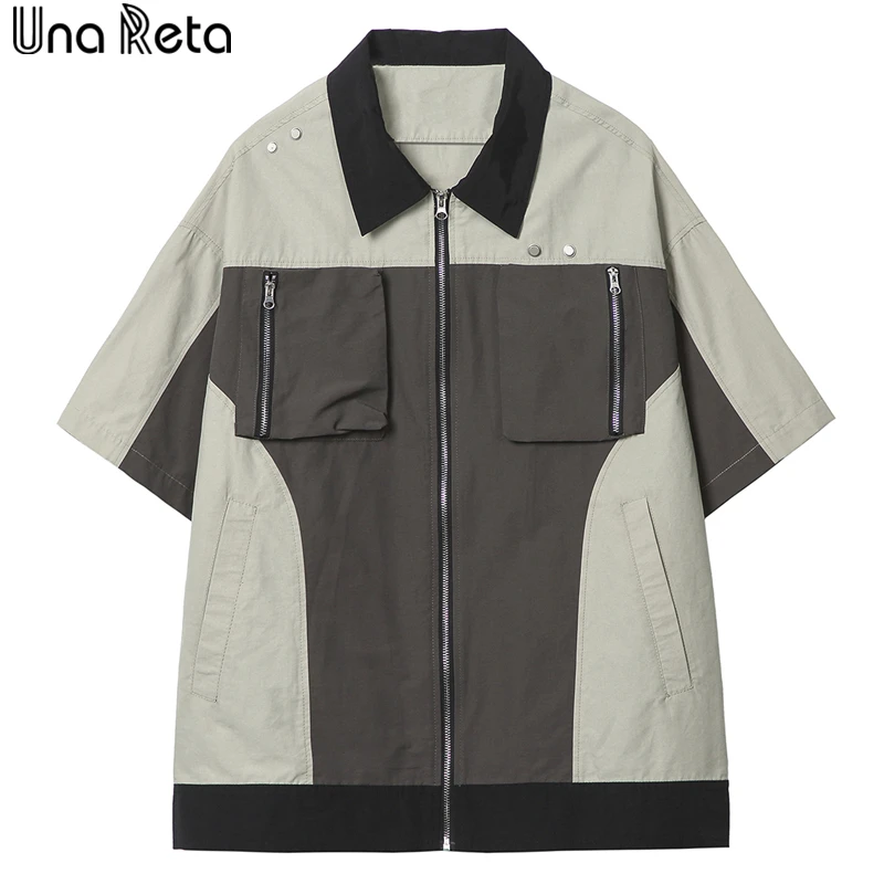 

Una Reta Men's Shirt Hip Hop Summer Tops Streetwear Zipper Short Sleeve Shirts Men Loose Harujuku Patchwork Shirts
