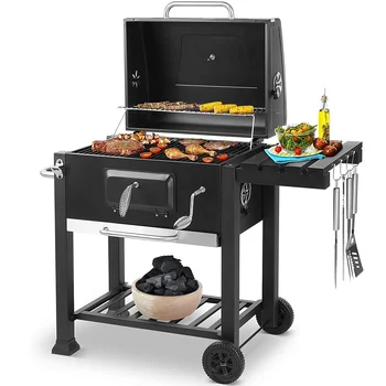 Griglia a carbone, affumicatore per barbecue con manico e tavolo pieghevole, perfetta per grigliate all'aperto, giardino e cortile, media 1