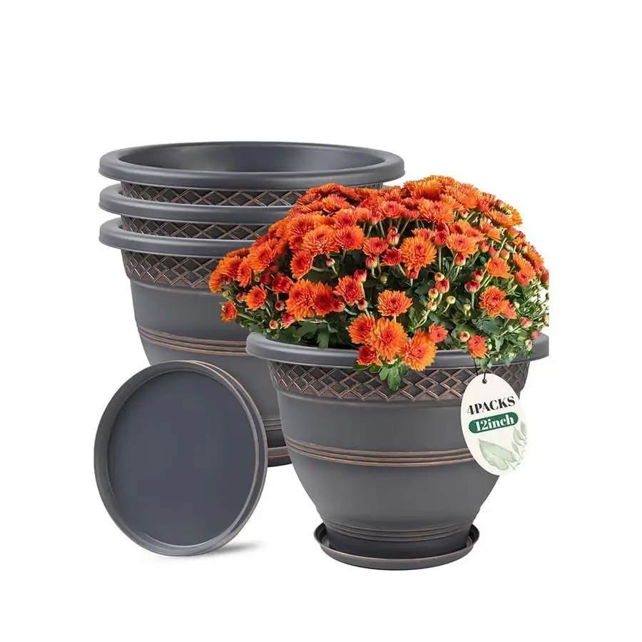 4 Pack 12 Inch Large Plant Pots, Plastic Flower Pot for Indoor amp ...