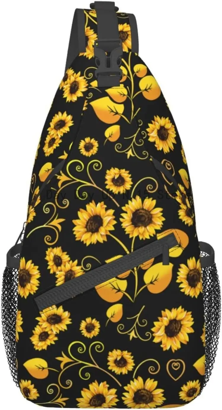 

Sunflower Leaves Yellow Flowers on Black Background Chest Bag Adjustable Casual Shoulder Backpack Travel Hiking Daypack