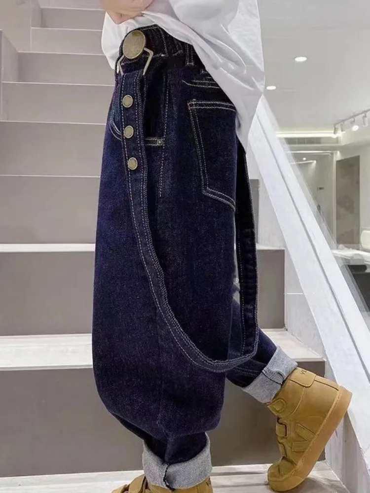 

Boys' Jeans Winter New Warm Plush Loose Strap Pants Children's Elastic Waist Fashion Versatile Pants Size 110-160
