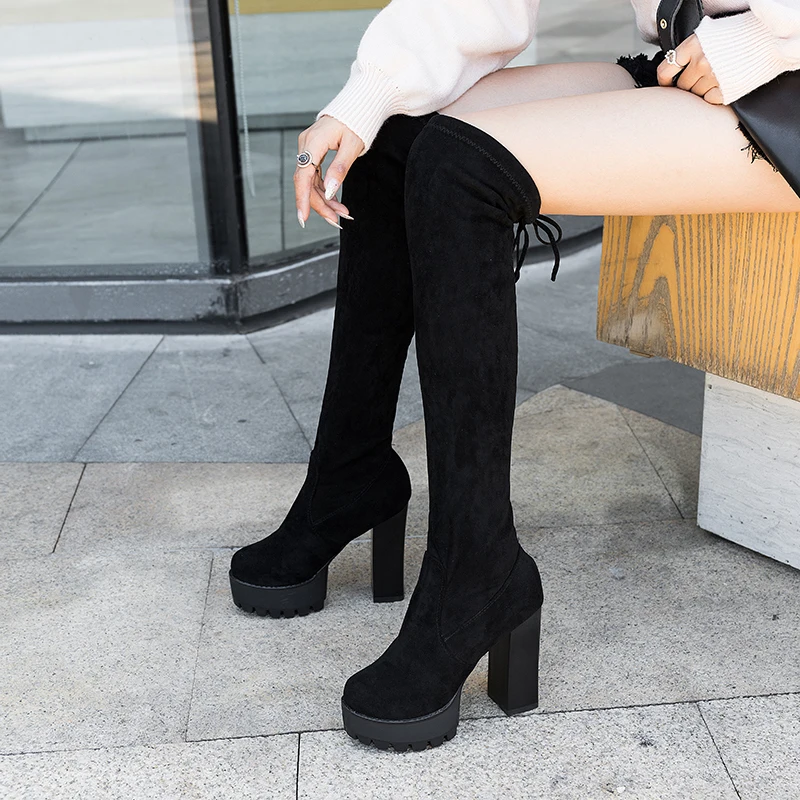 

Comemore Tight Knight Boots Suede High Heels Thick-soled Stretch Long Boot for Women Trend Plush Warm 2023 New Winter Knee Botas